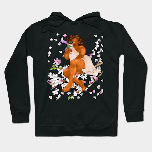 Curvy lady Mother Nature s bounty - Curvy body positive plus size woman with Humming bird  and the First cherry blossoms of spring delicate white  and pink flowers  Flora and fauna foliage Hoodie by Artonmytee